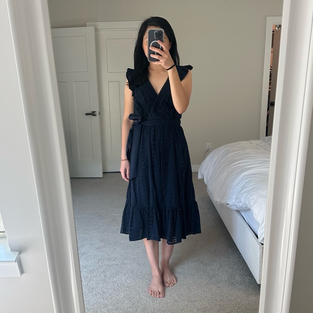 J. Crew Navy Eyelet Wrap Midi Dress